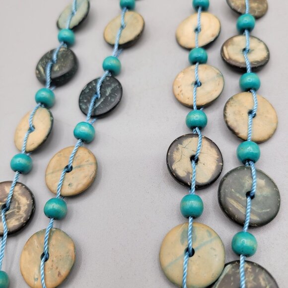 Coconut Disk Beaded Necklace Boho Style Handmade 56 Inch - Picture 5 of 6